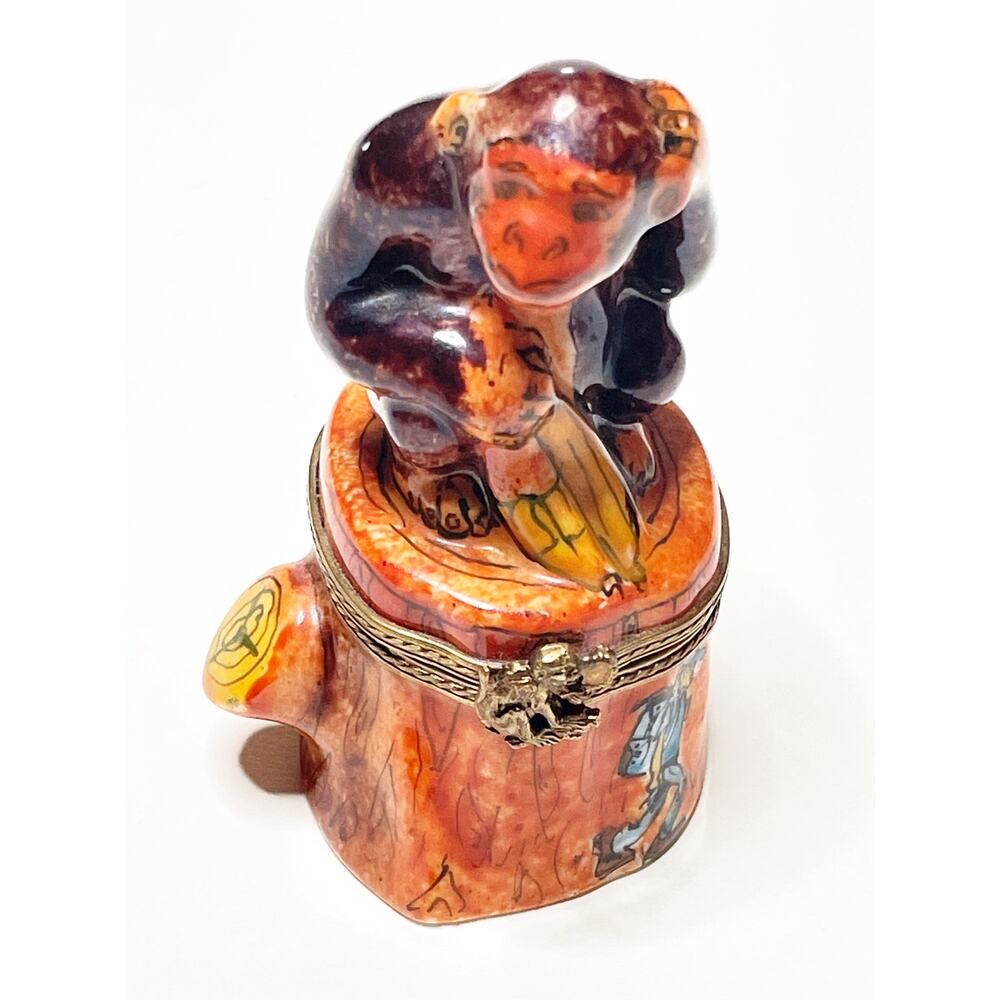 Limoges Hand-Painted Monkey Trinket Box in Orange and Brown